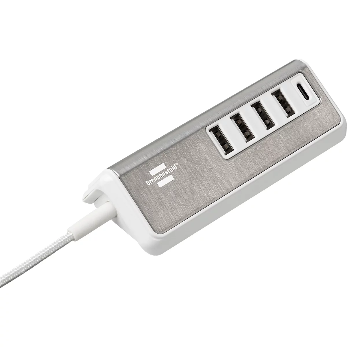 Multiladegerät brennenstuhl®estilo, für bis zu 5 Geräte, Schnellladefunktion, 1,5 m Textil-Kabel, 1x USB-C, 4x USB-Ladebuchse, Edelstahloberfläche, weiß