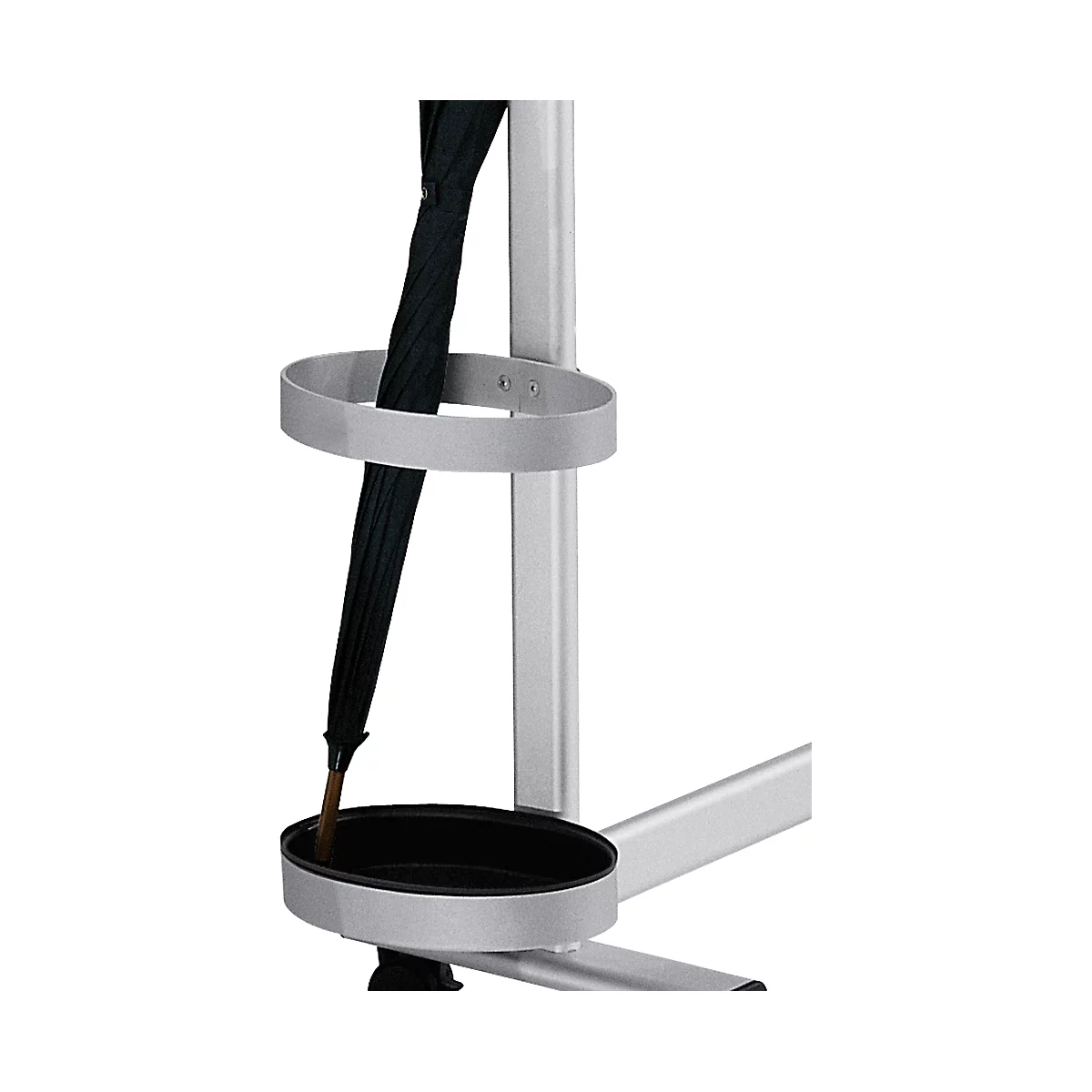Metal umbrella stand with a black umbrella.