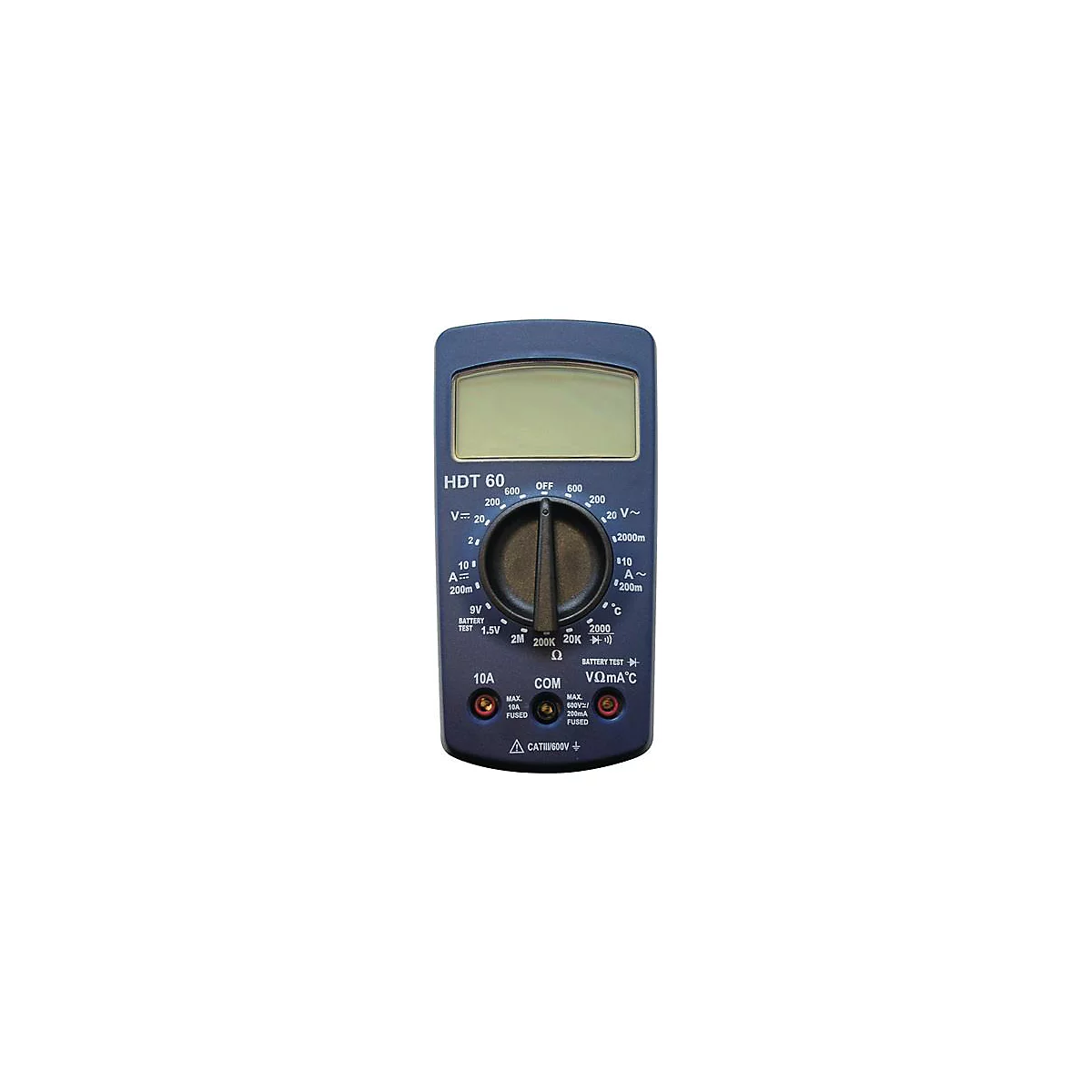 Un multimètre bleu avec cadran, écran LCD et prises de connexion.
