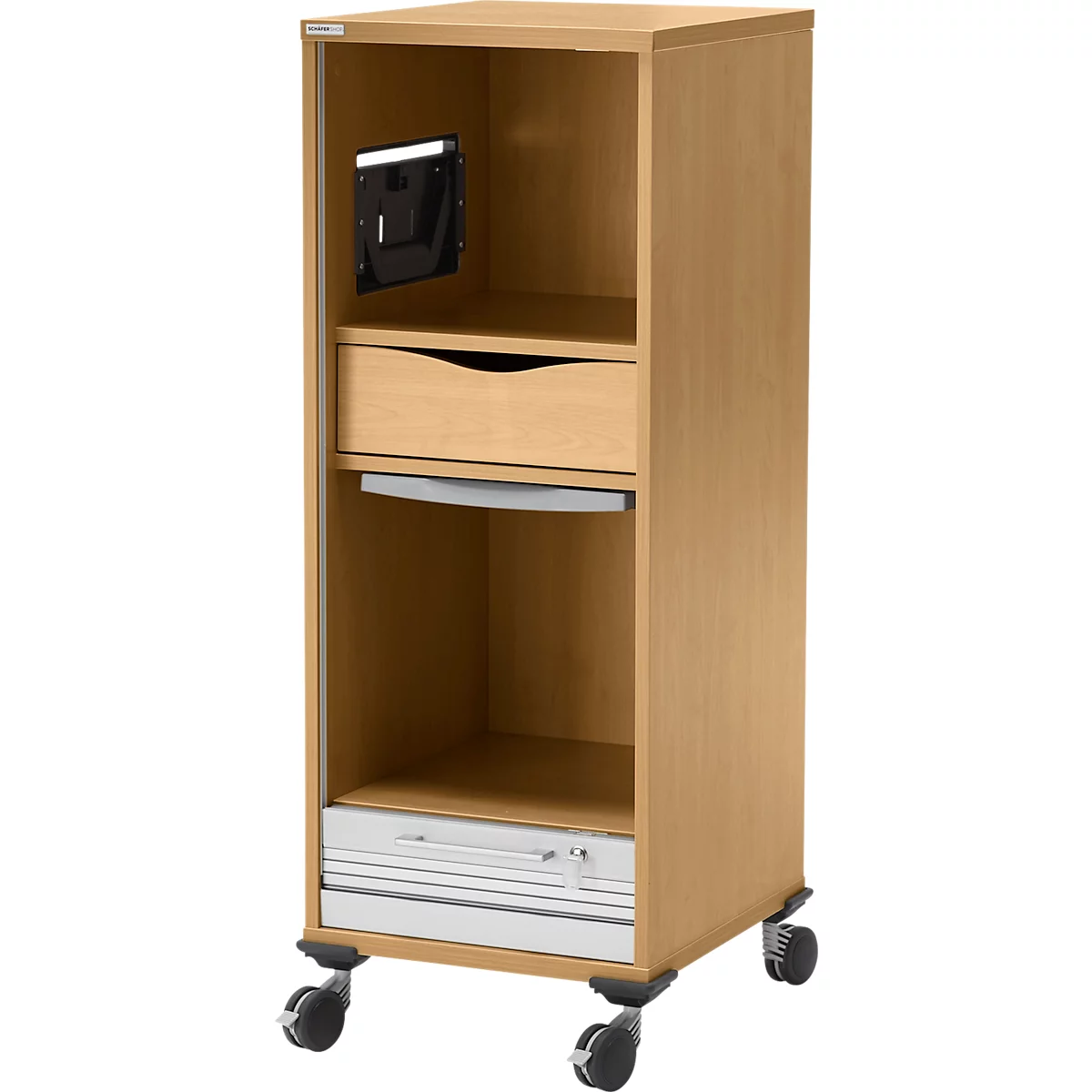 Beige kast met lades, wielen en een beugel voor een apparaat.