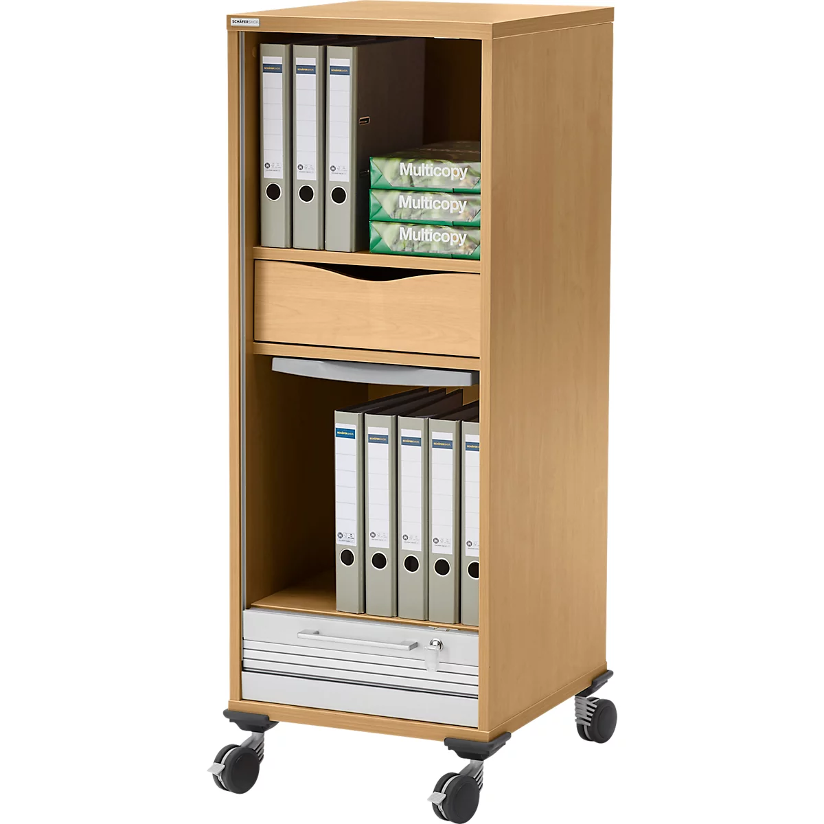 Houten rolcontainer met mappen, papier en laden. Rollen aan de onderkant. Glazen voorkant.