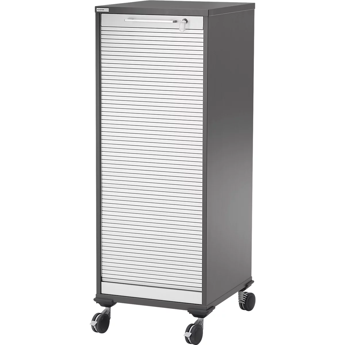 Grijze rolcontainer op wielen, lamellendeuren open. Een handgreep en een slot zijn zichtbaar.