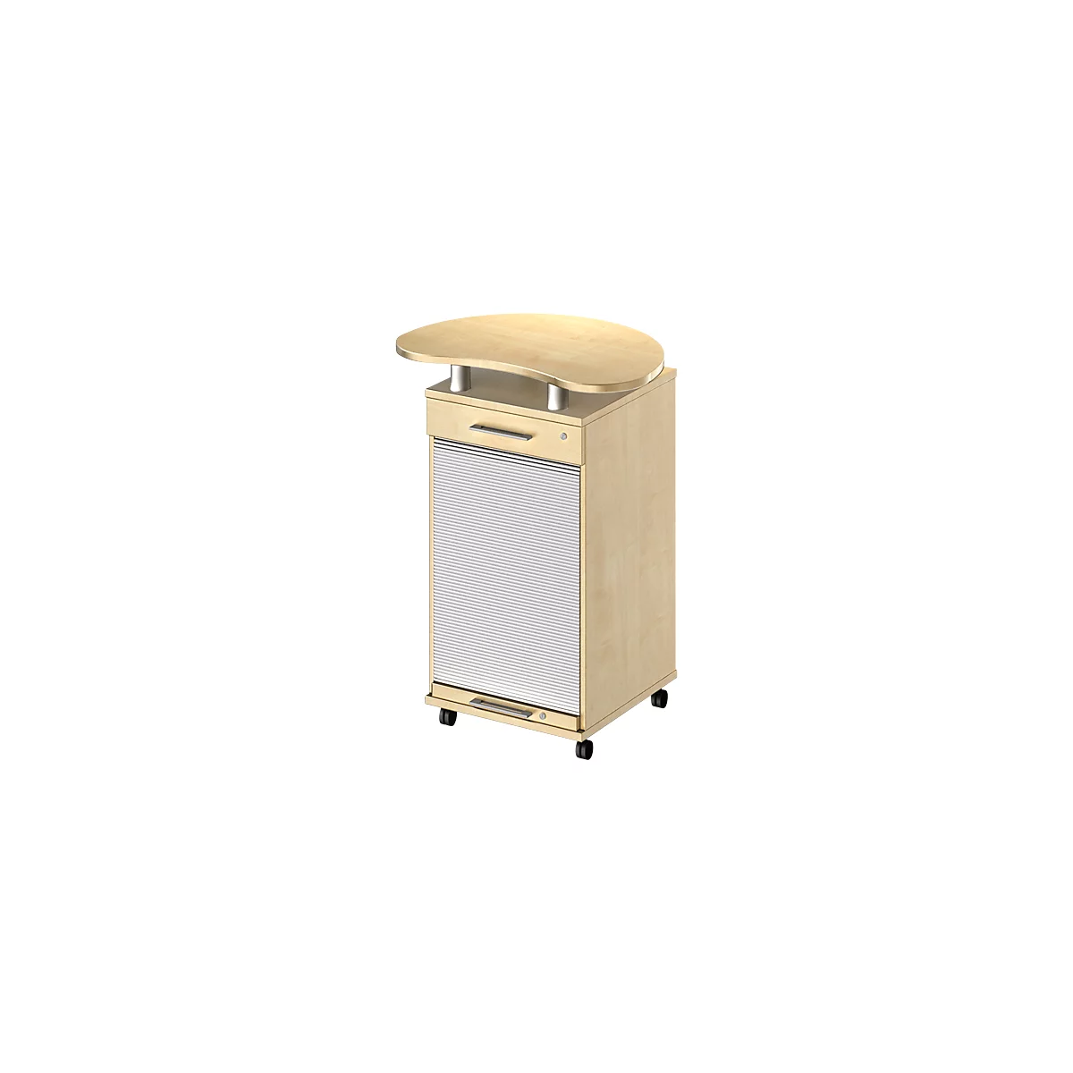 Beige Stehschrank mit halbrundem Aufsatz, Rolladen und Rollen.