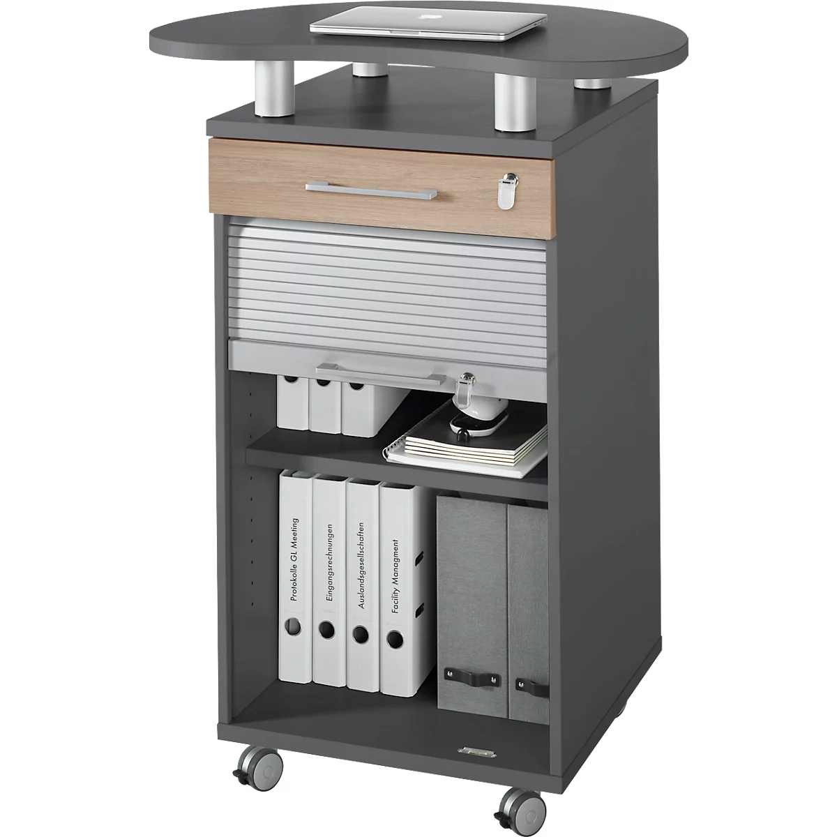 Meuble de bureau roulant gris avec un ordinateur portable sur une étagère supérieure. Il a un tiroir et un volet roulant.