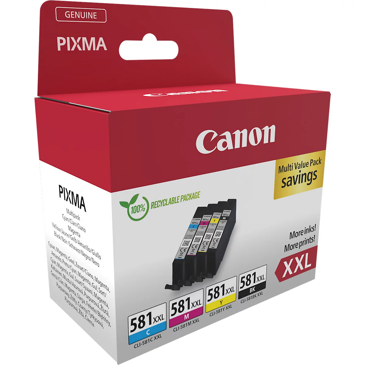 Produktverpackung der Marke Canon Pixma. Die Packung enthält XXL Tintenpatronen, beschriftet mit den Farben Cyan, Magenta, Gelb und Schwarz.
