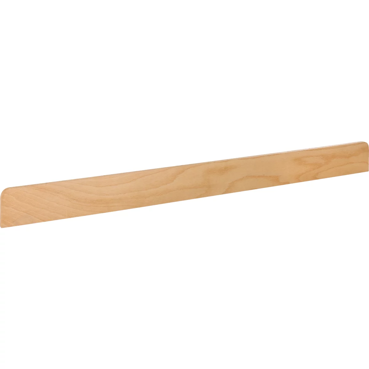 Een langwerpig stuk hout, lichtbruin met nerf, op een witte achtergrond.