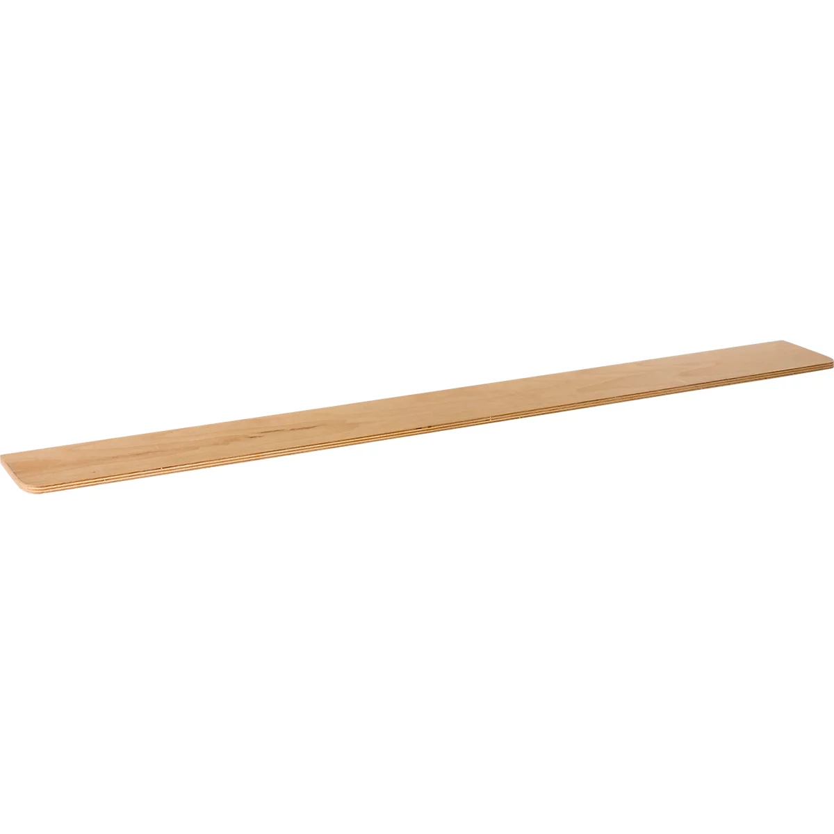 Ein einzelnes, langes Holzbrett, das auf weißem Hintergrund liegt.