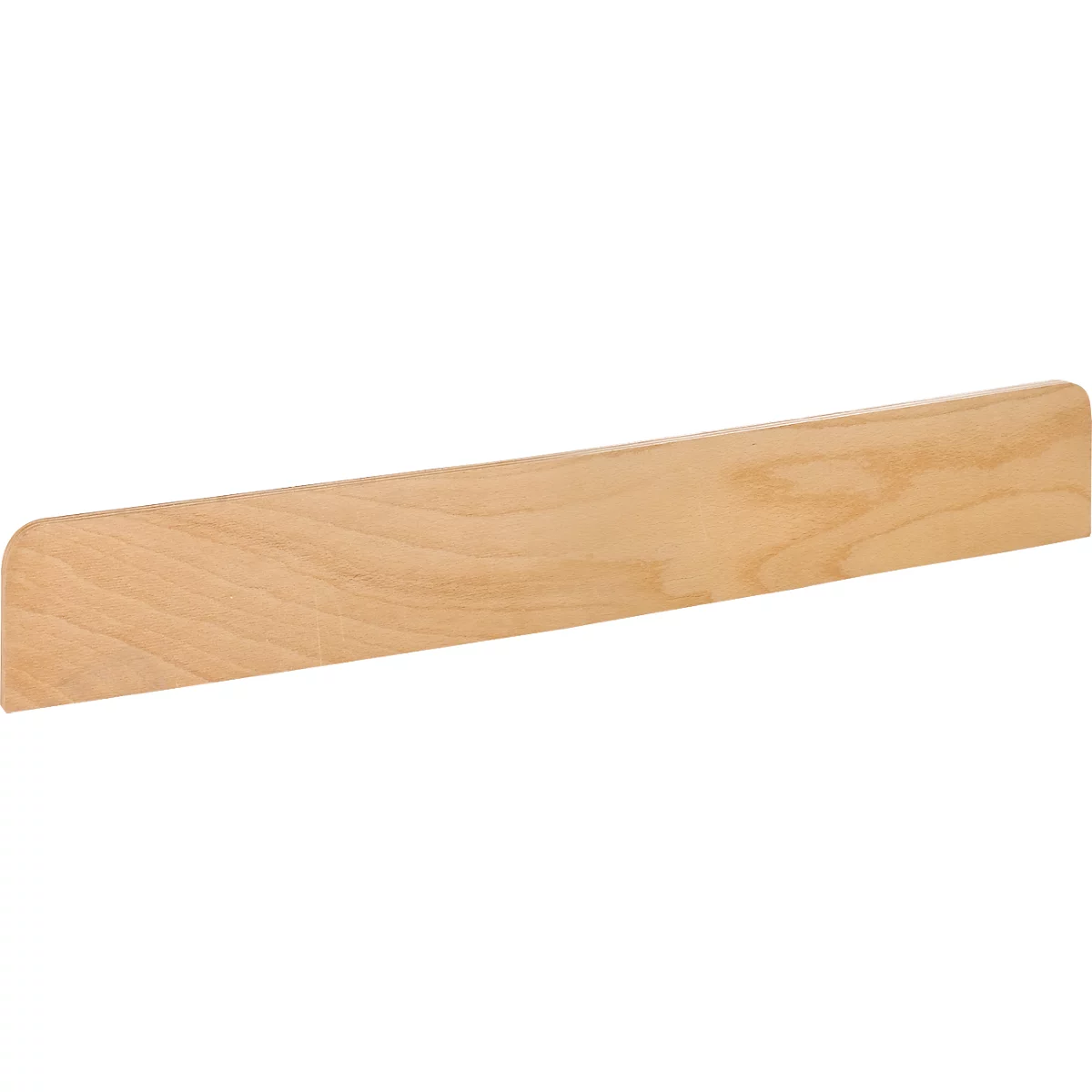 Ein leicht abgeschrägtes Holzstück, hellbraune Farbe mit Maserung.