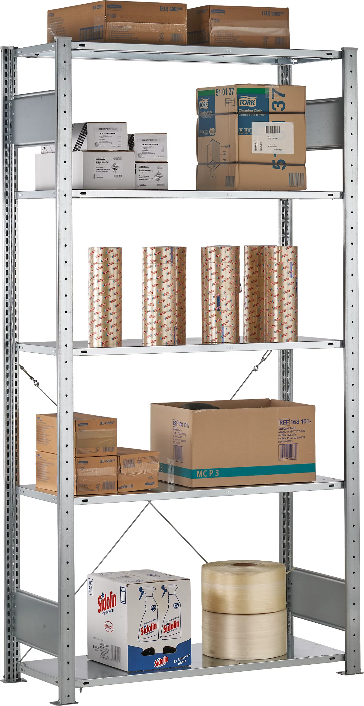 Un estante de almacenamiento plateado, lleno de cajas, rollos y paquetes. Los estantes están bien llenos.