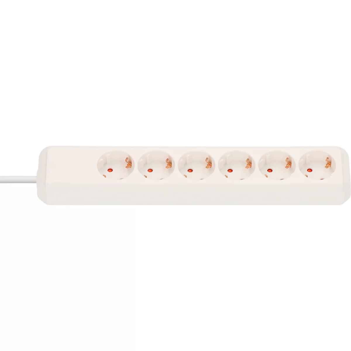 Multiprise blanche avec six prises. Chaque prise a une marque rouge.