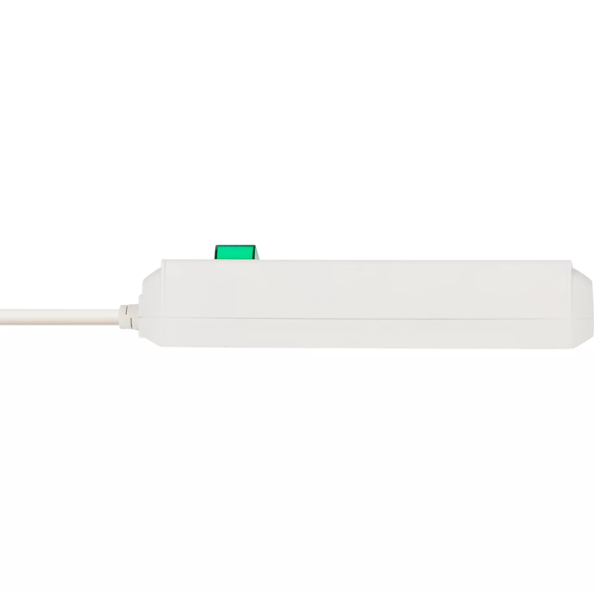 Appareil électronique blanc, bouton vert, câble.