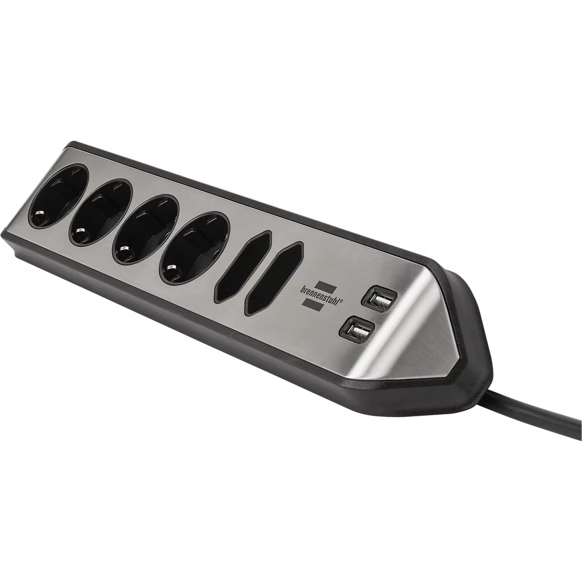 Multiprise brennenstuhl estilo, 6x, 2 prises de charge USB, IP20, longueur de câble 2 m, L 365 x l 60 x P 110 mm, acier inoxydable &amp; plastique, noir-argenté