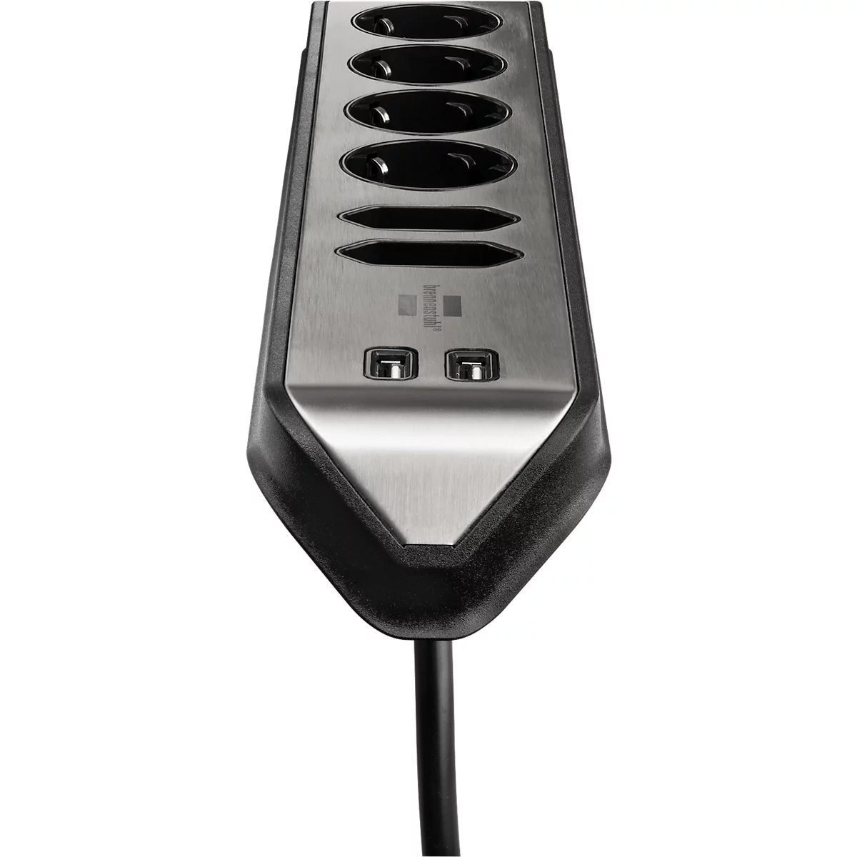 Multiprise brennenstuhl estilo, 6x, 2 prises de charge USB, IP20, longueur de câble 2 m, L 365 x l 60 x P 110 mm, acier inoxydable &amp; plastique, noir-argenté