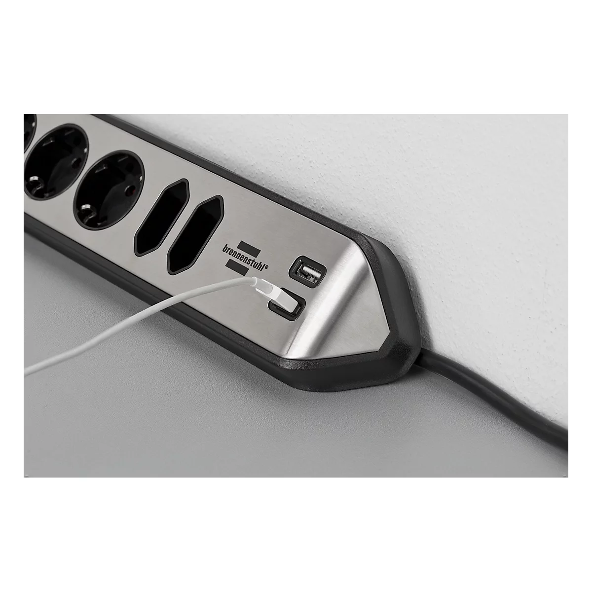 Multiprise brennenstuhl estilo, 6x, 2 prises de charge USB, IP20, longueur de câble 2 m, L 365 x l 60 x P 110 mm, acier inoxydable &amp; plastique, noir-argenté