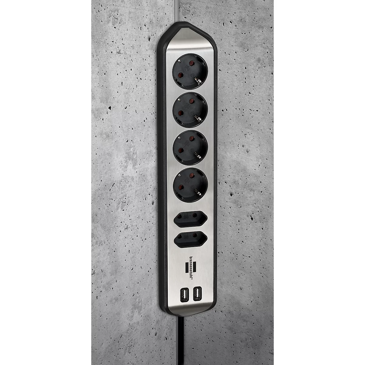 Multiprise brennenstuhl estilo, 6x, 2 prises de charge USB, IP20, longueur de câble 2 m, L 365 x l 60 x P 110 mm, acier inoxydable &amp; plastique, noir-argenté