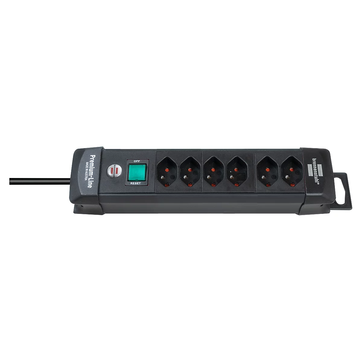 Multiprise brennenstuhl® Premium-Line, 6x, avec interrupteur éclairé, dispositif de suspension, jusqu'à 2300 W, longueur de câble 3 m, plastique, noir