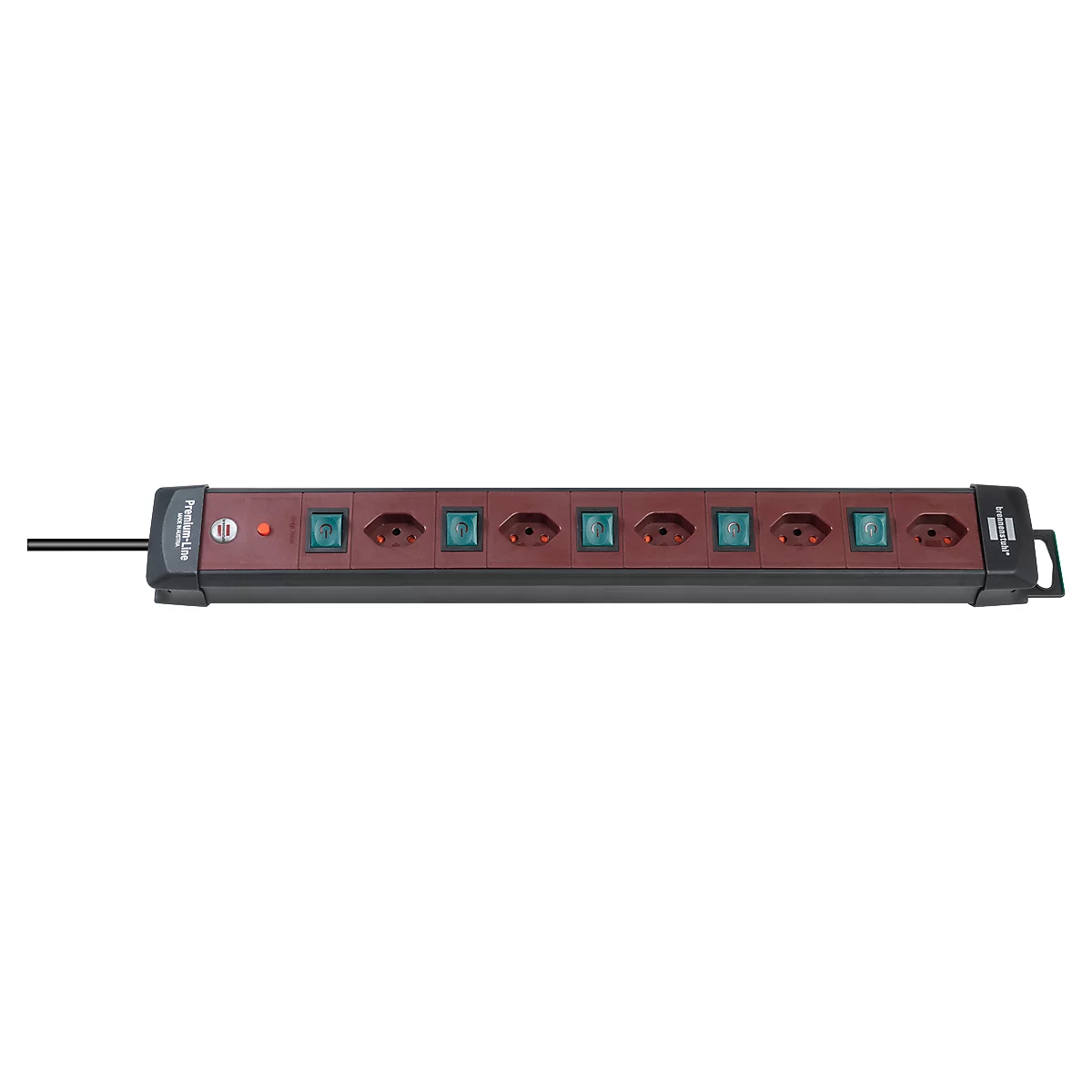 Une multiprise noire avec six prises vertes et un écran lumineux rouge.