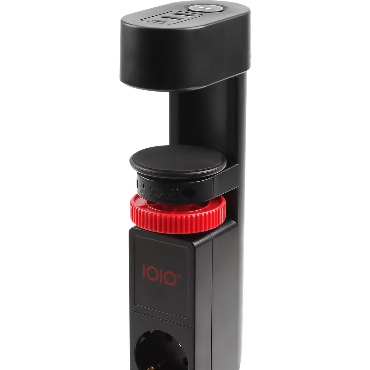 Adaptateur d'alimentation noir avec bouton rotatif rouge et logo "1010" en rouge.