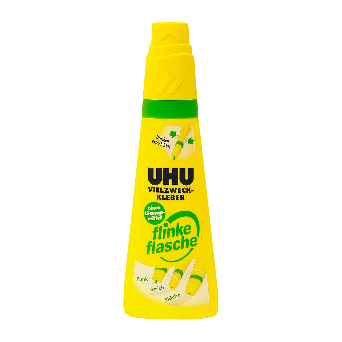 Yellow UHU all-purpose glue bottle, with green cap and green accents, with text.