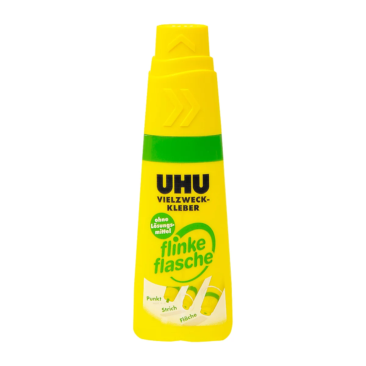 Yellow UHU multi-purpose glue bottle with green accents, lettering and pictograms.