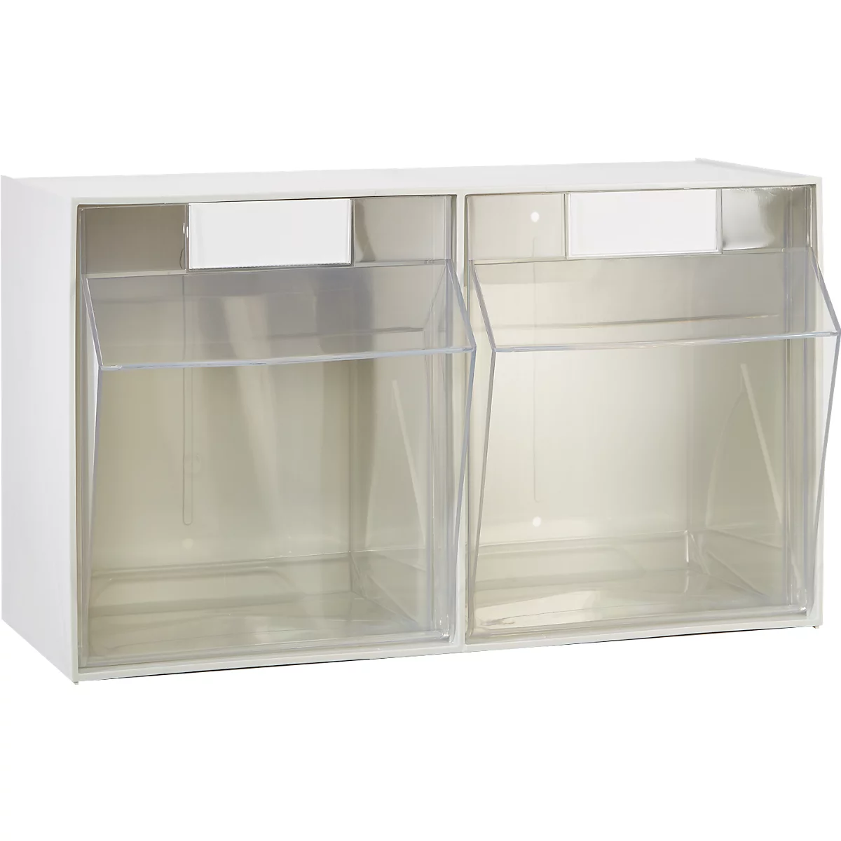 Witte, tweedelige wandplank met transparante kantelcompartimenten. Bovenaan staat een wit bord.
