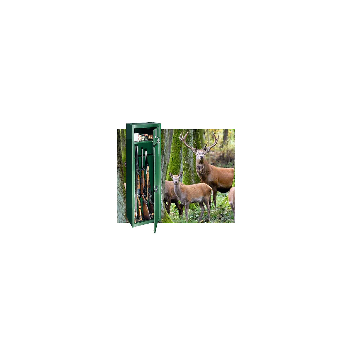 Grüner Waffenschrank mit geöffneter Tür. Im Hintergrund Rehe im Wald.