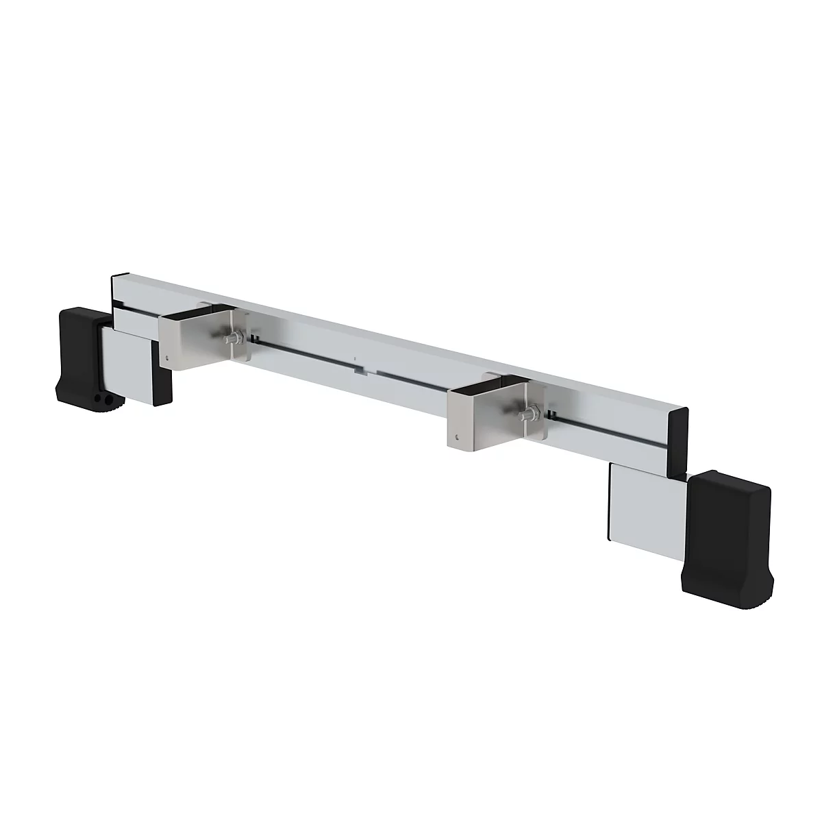 Zilverkleurige, haakse beugel voor een muur. Zwarte elementen zijn aan de uiteinden en in het midden bevestigd.