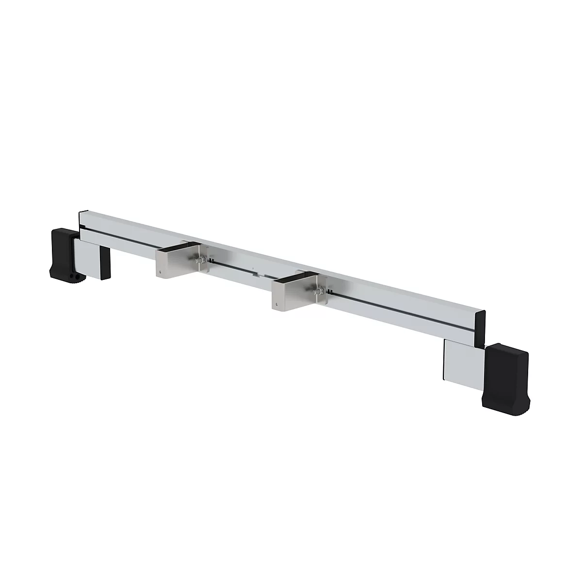 Aluminium profiel met zwarte eindstukken en beugels. Op een witte achtergrond.