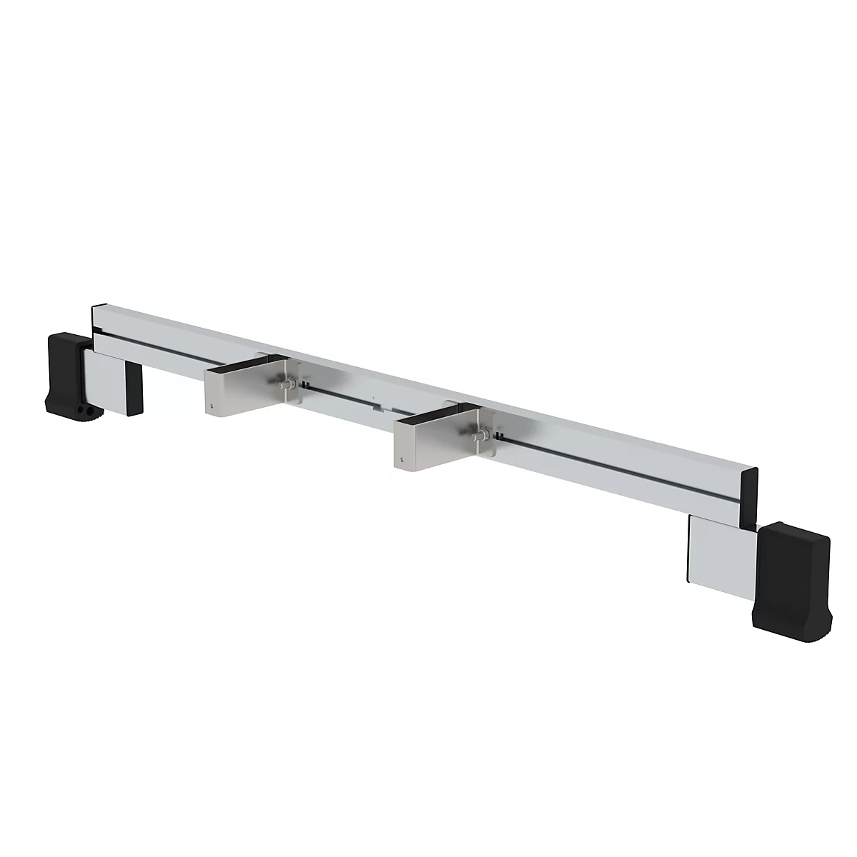 Langwerpig metalen stuk met zwarte eindstukken en meerdere beugels. Op een lichte achtergrond.