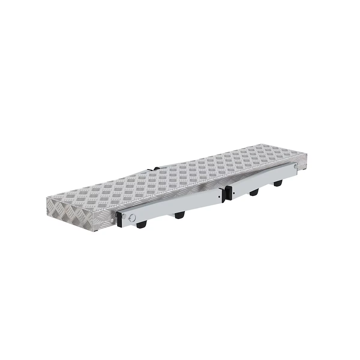Ausziehbare Aluminium-Auffahrrampe mit Riffelblechoberfläche. Die Rampe ruht auf kleinen Rollen.