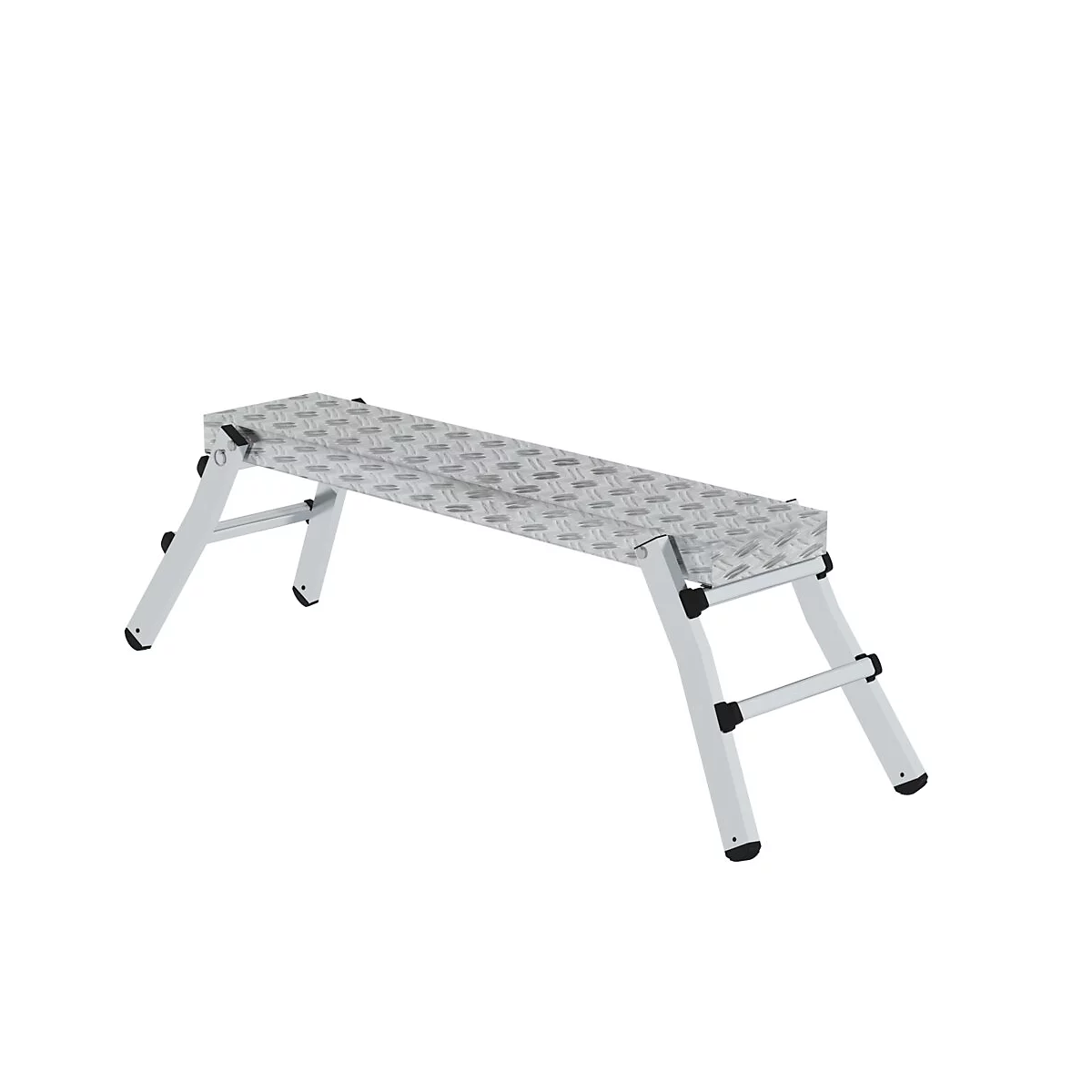 Aluminium-Arbeitsbühne, ausziehbar. Geriffelte Oberfläche, zusammenklappbare Beine, schwarze Gelenke.