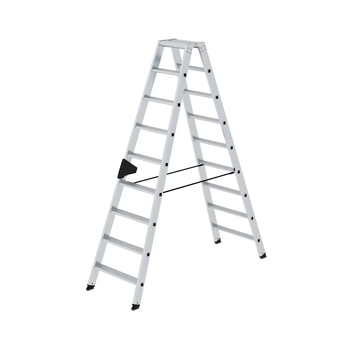 Een zilveren trap staat tegen een witte achtergrond. Hij heeft acht treden en een zwarte beugel.
