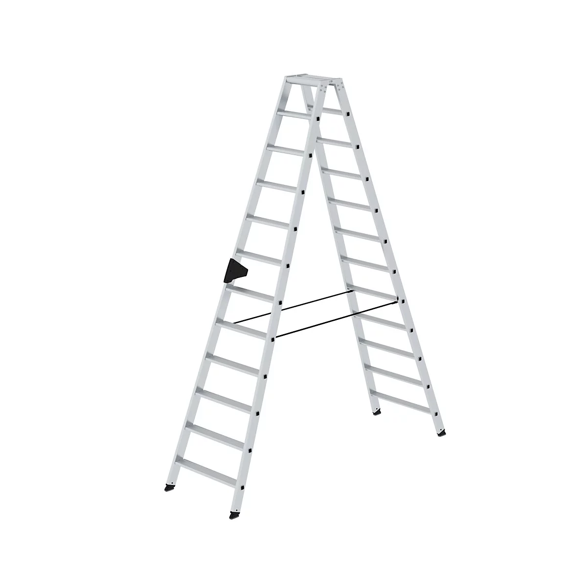 Metalen ladder, A-vormig, tegen een witte achtergrond.