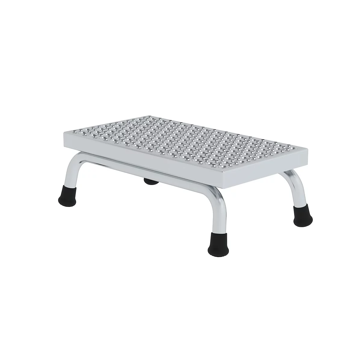 Trittschemel aus Metall mit geriffelter Trittfläche, an vier schwarzen Füßen stehend.