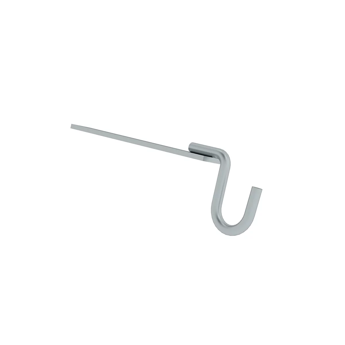 Hakenförmiges Metallteil. Ein gerader Stab geht in eine gebogene, hakenförmige Form über.