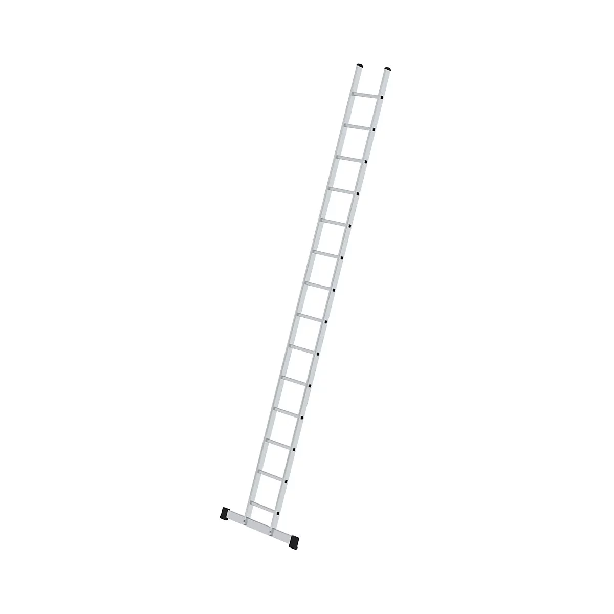Een zilverkleurige ladder, iets schuin op een witte achtergrond.