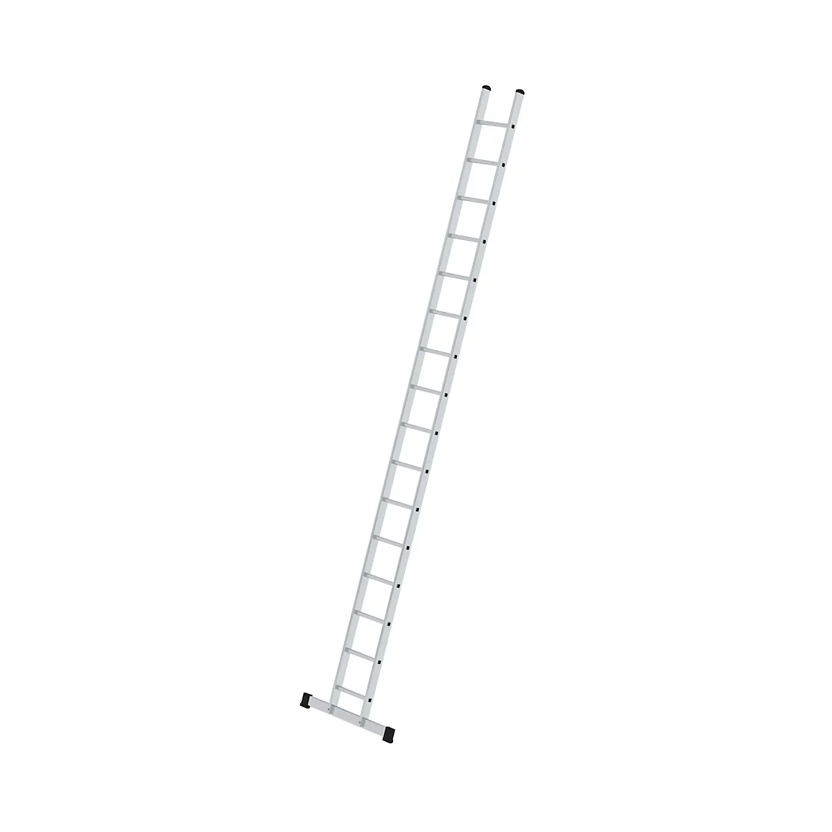 Een zilverkleurige ladder die zich diagonaal op een witte achtergrond uitstrekt. De sporten zijn gelijkmatig verdeeld.