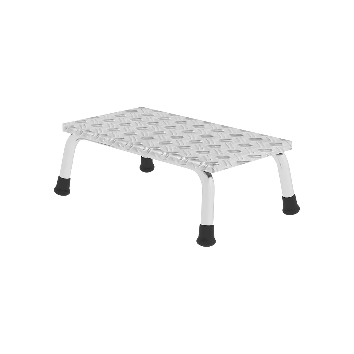 Marchepied argenté avec une surface texturée et des pieds en caoutchouc noir. Construction à quatre pieds, stable.