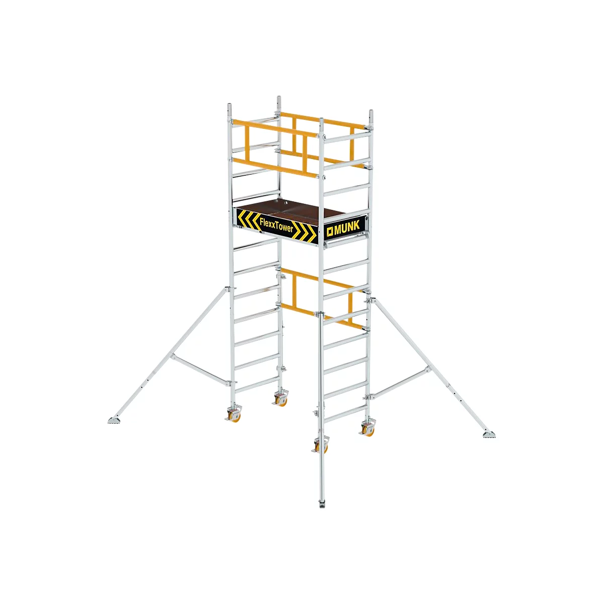 Een zilveren rolsteiger met een bruin platform, gele details en de tekst FlexxTower. Er zitten wielen aan de voeten.
