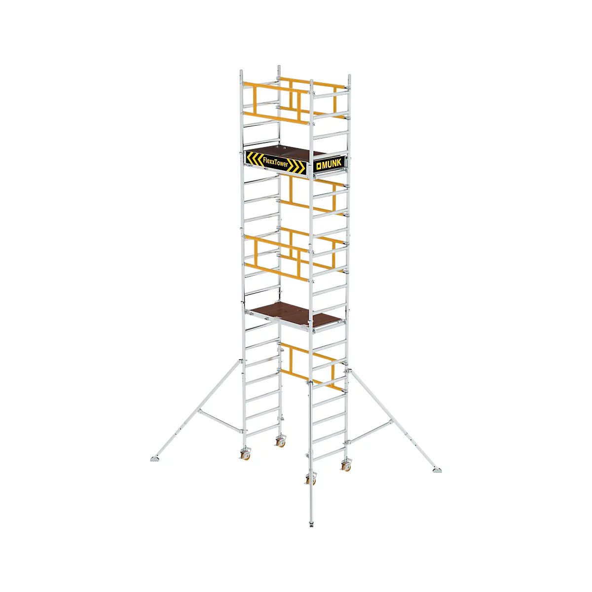 Een steiger, zilver met gele elementen. Twee platforms, wielen aan de onderkant. Tekst: "FlexiTower", "DMUNK".