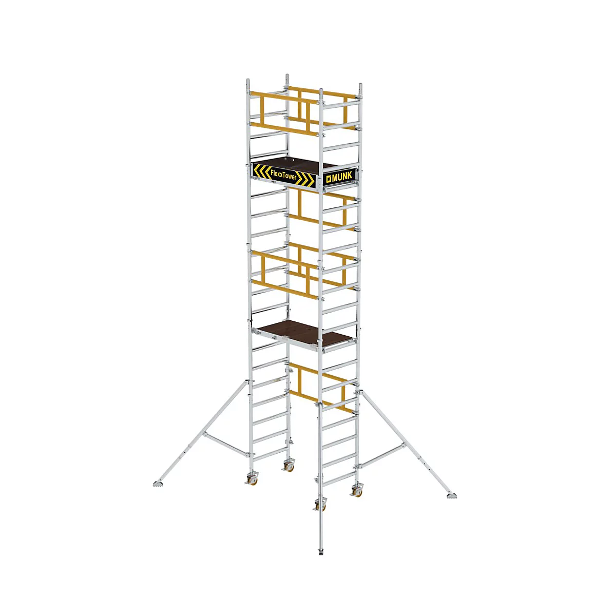 Een steiger, zilverkleurige metalen constructie met wielen, twee platforms, gele stutten. Tekst: MUNK.