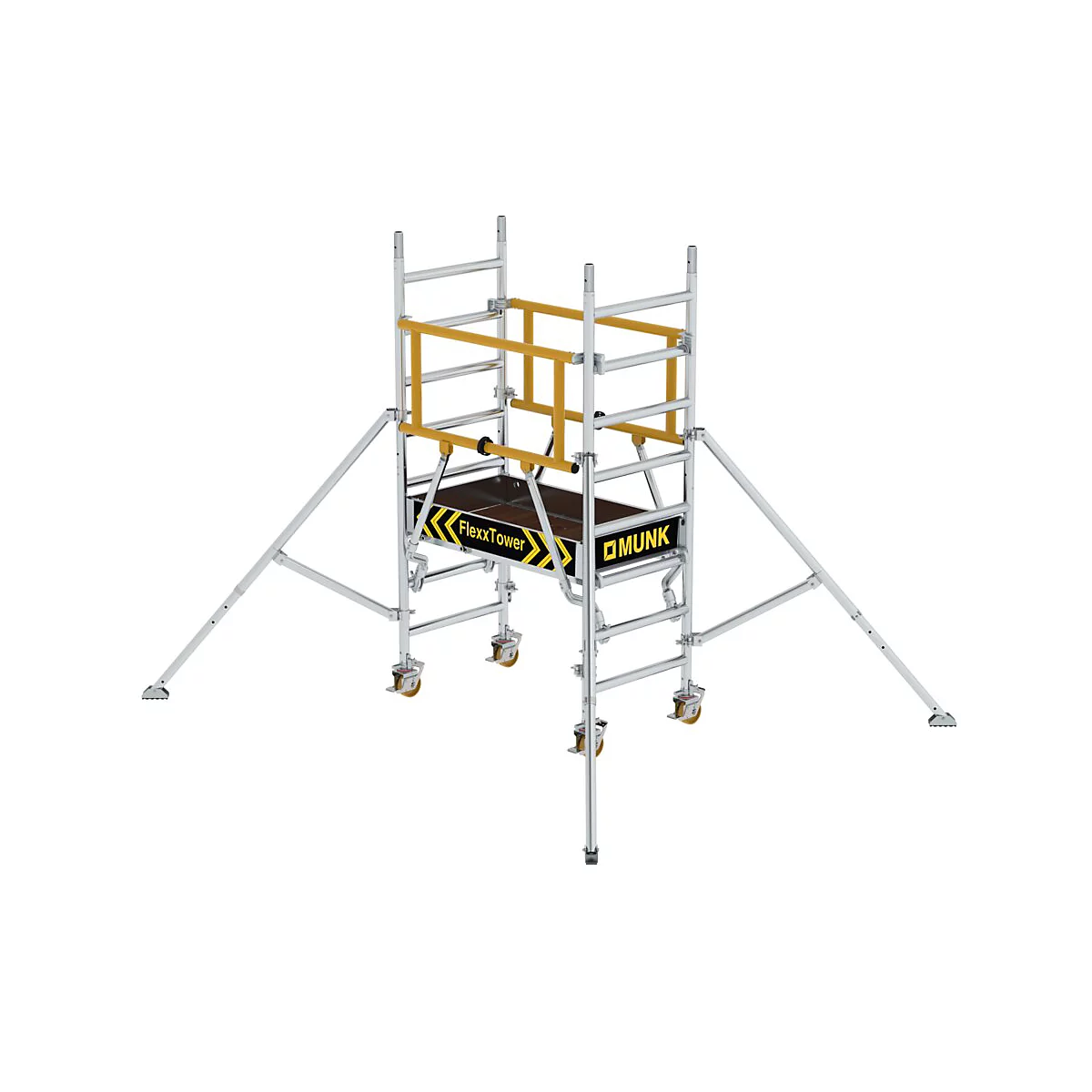 Scaffolding with wheels and platform. Yellow safety rails. "FlexxTower" and "OMUNK" imprints.