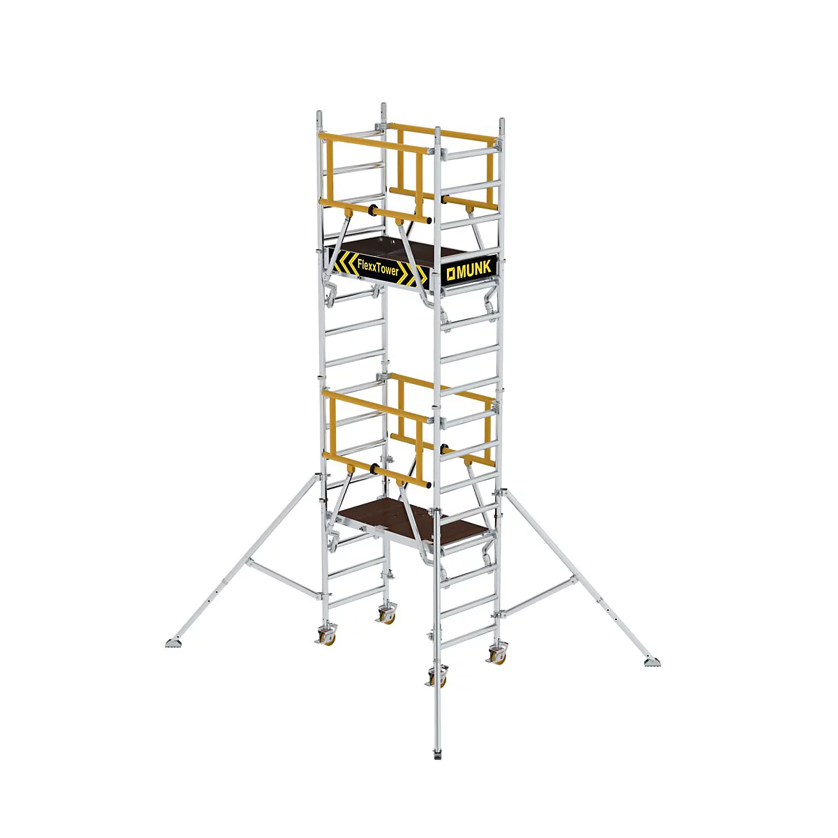 Metal scaffolding tower with yellow elements on a white background. FlexTower lettering.