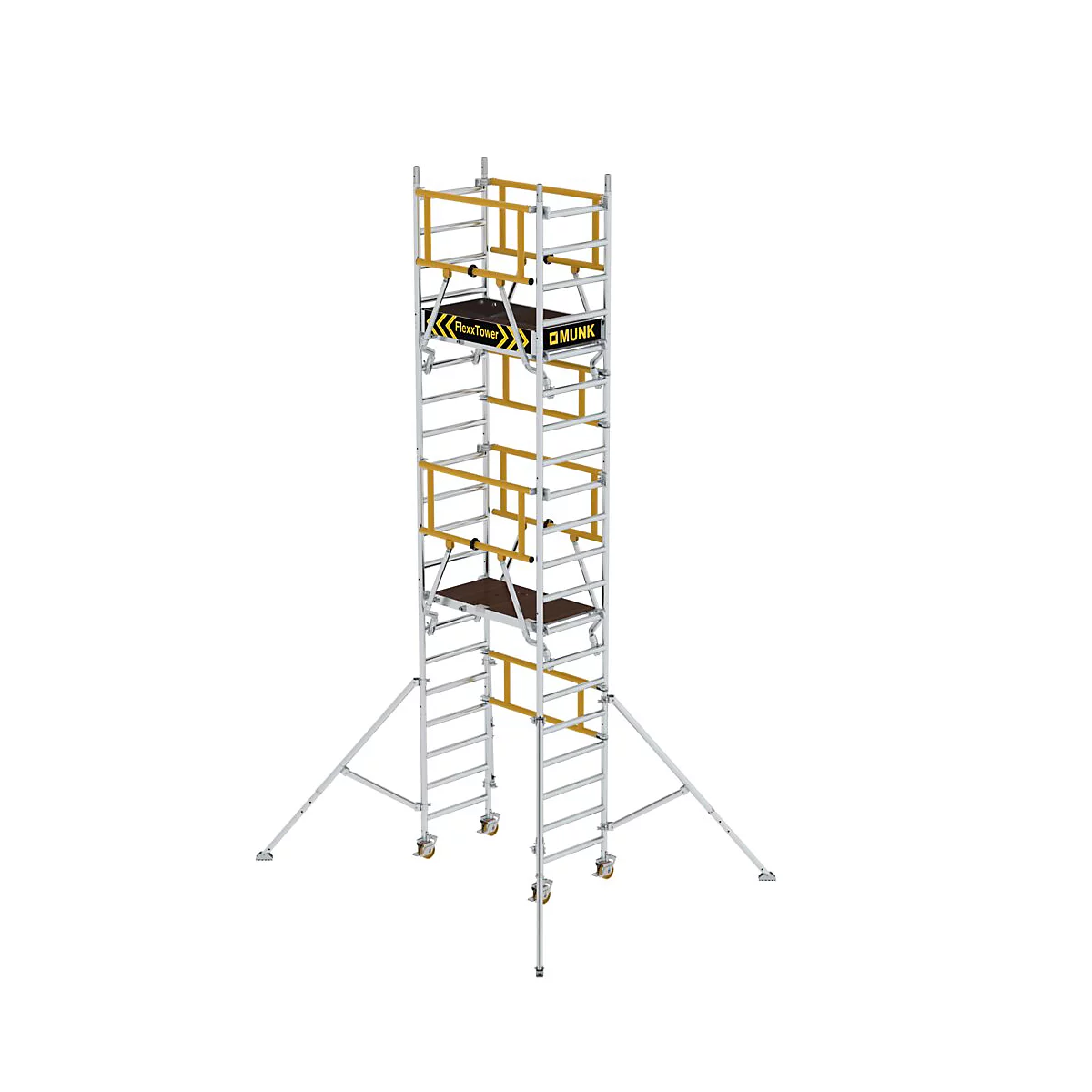Steiger op wielen, zilver-geel, met twee werkplatforms, bedrijfslogo.