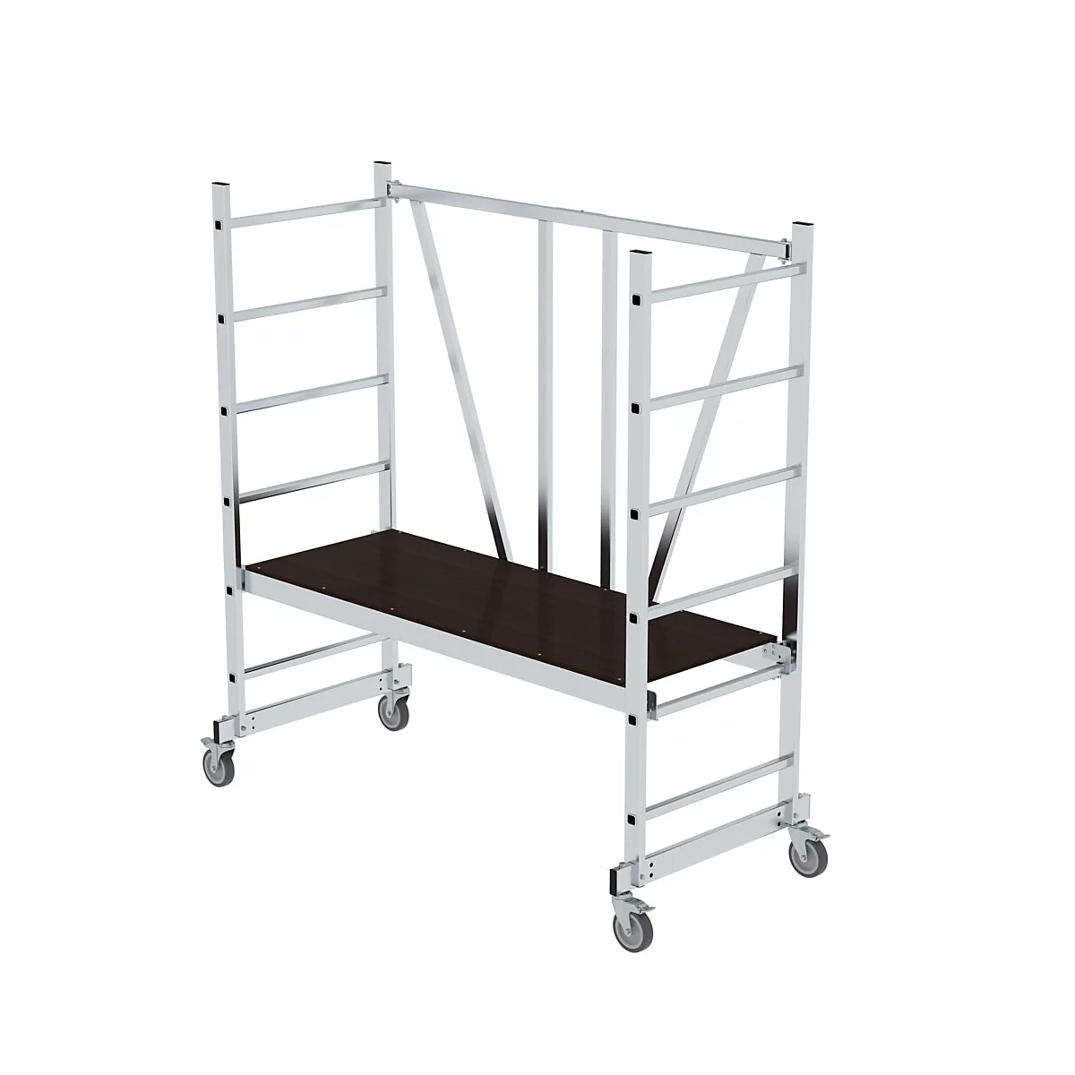 Scaffolding with wheels, silver metal frame and dark platform. The scaffolding is designed for working at height.