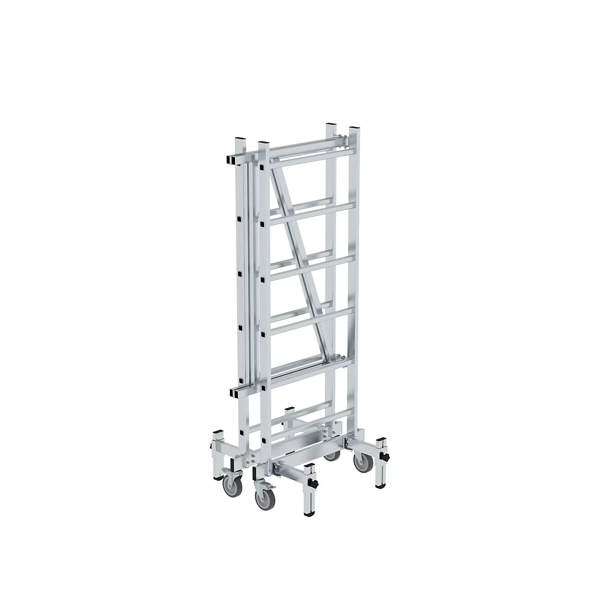 A silver scaffold with wheels, which is folded.