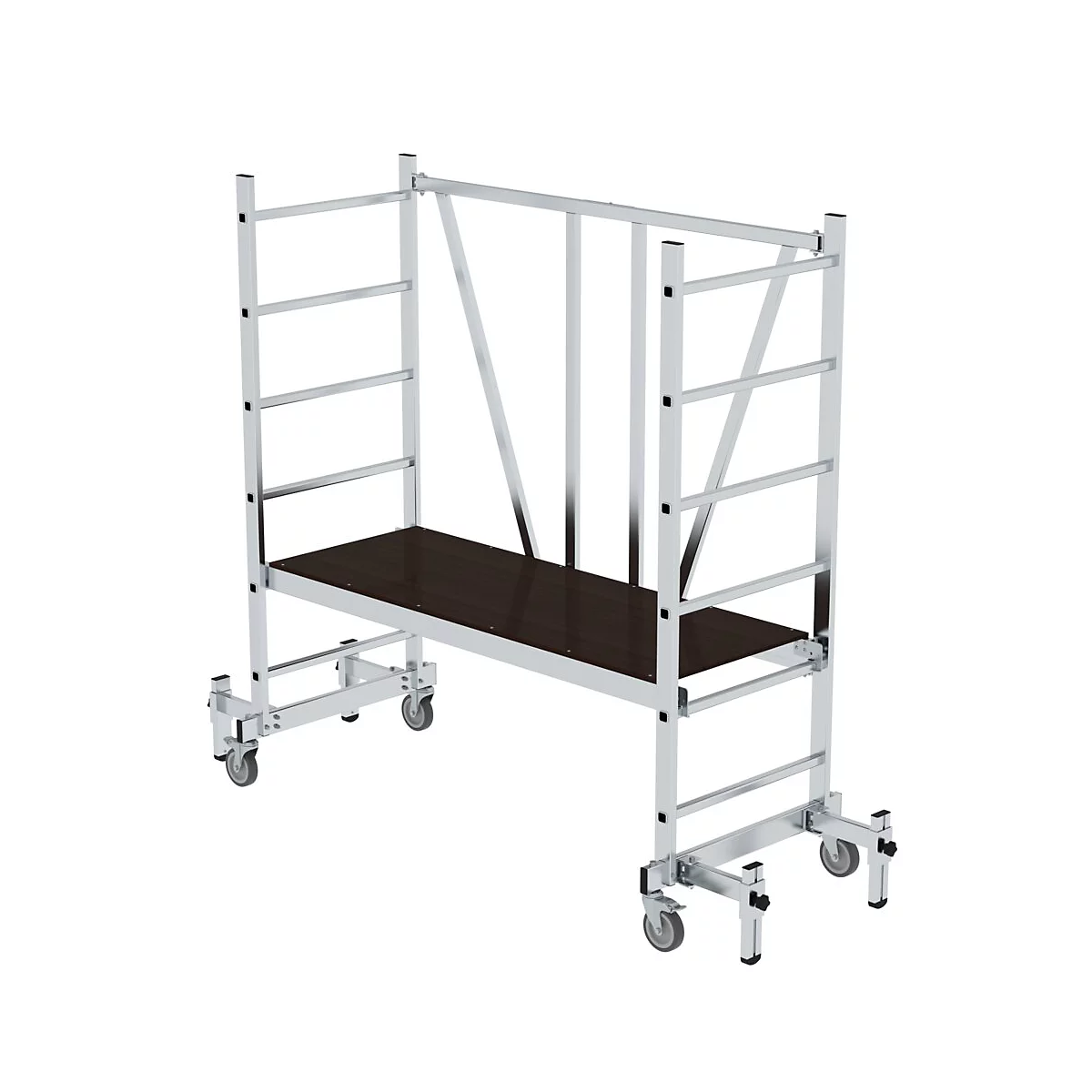 A silver rolling scaffold stands against a white background. It has a dark platform and is equipped with wheels.