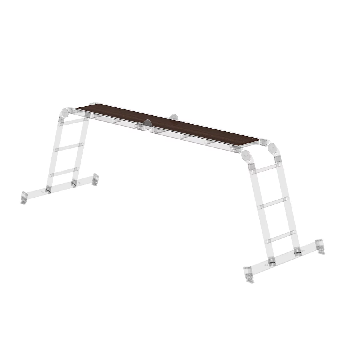 Een bruin platform dat wordt ondersteund door een ladderconstructie. De ladder is gedeeltelijk transparant, het platform is van hout.