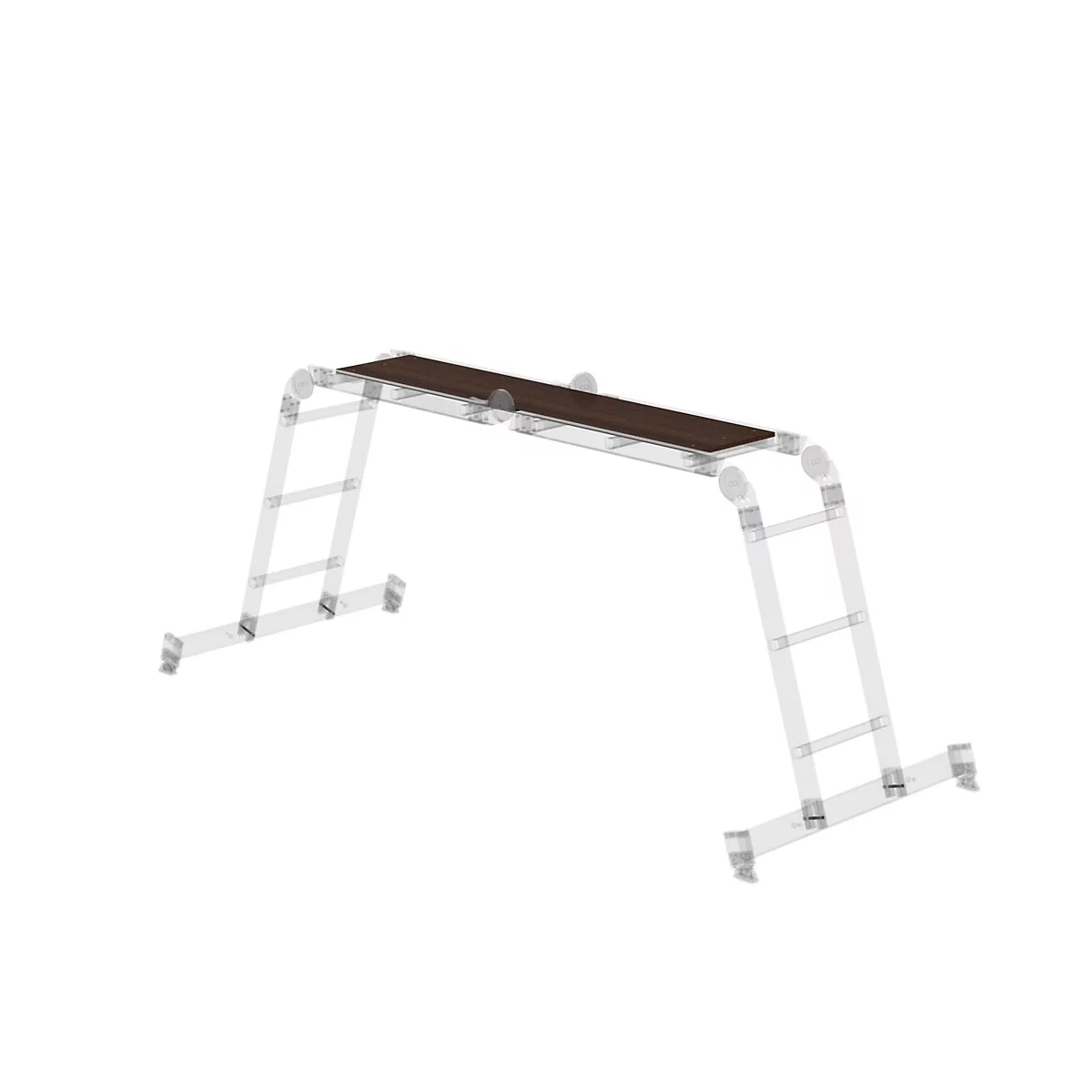 Steiger met bruin loopvlak en zilveren ladders.