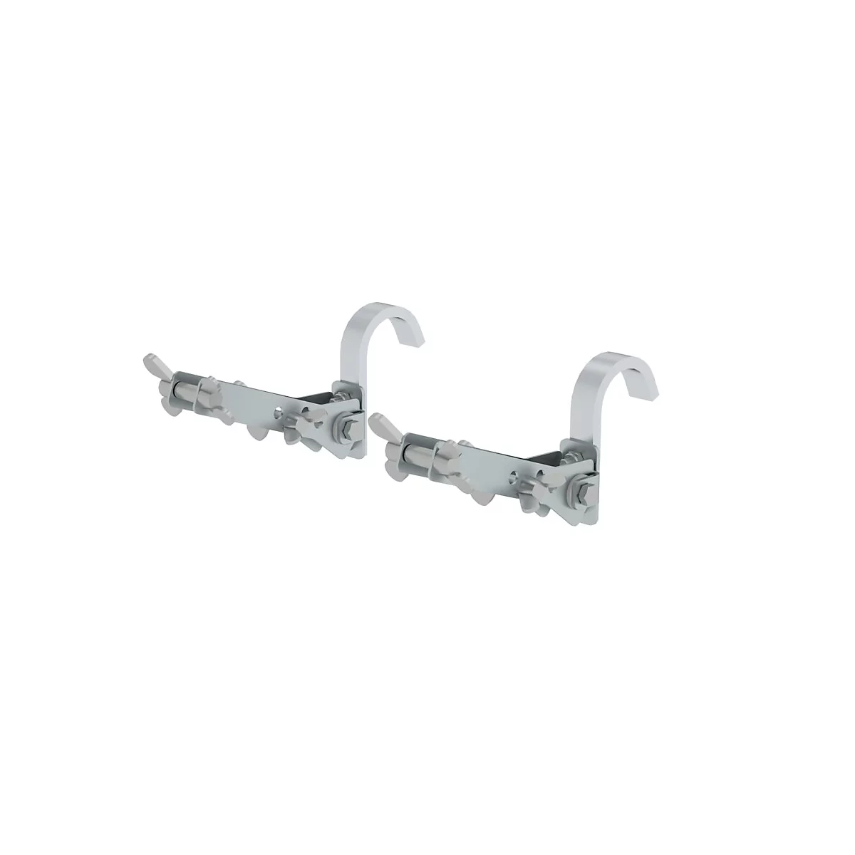 Twee zilveren metalen haken met schroeven en hendels, geplaatst op een witte achtergrond.
